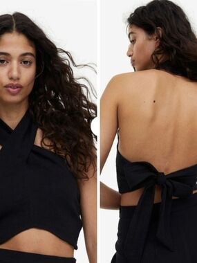 H&M Black Cropped Cross-Halter Tie-Back Top
